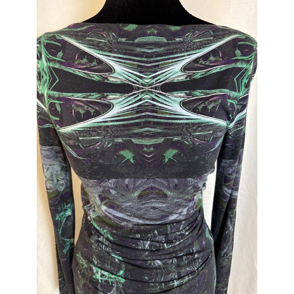 Artelier Nicole Miller Midi Dress Womens S Black Green Vintage Ruched Bodycon - Picture 2 of 5